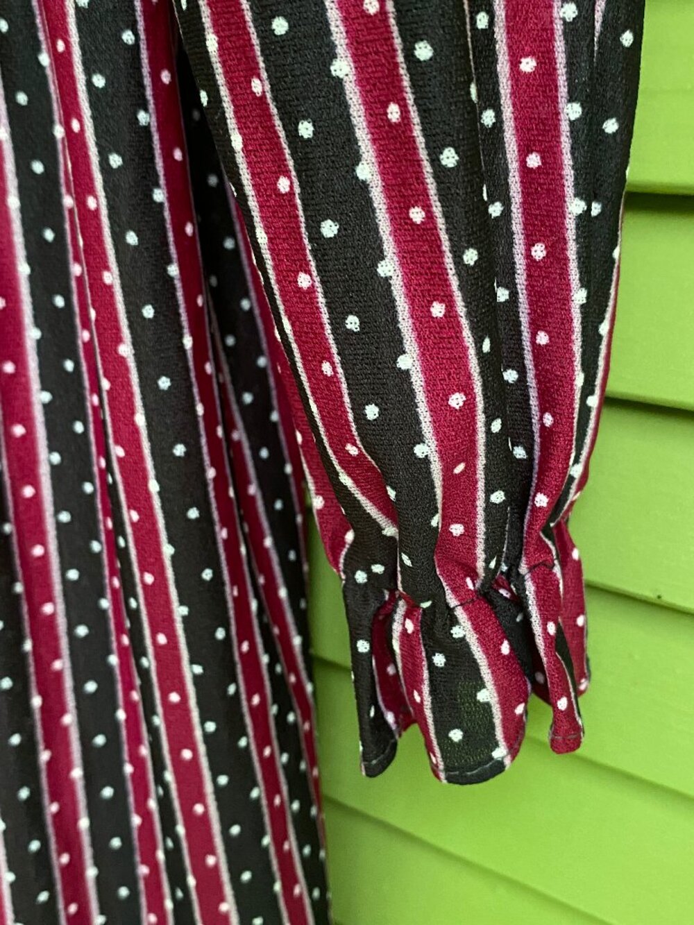 Vintage 1970s Ruffle Collar Polka Dot Striped Floral Dress - Size Medium - Picture 8 of 8